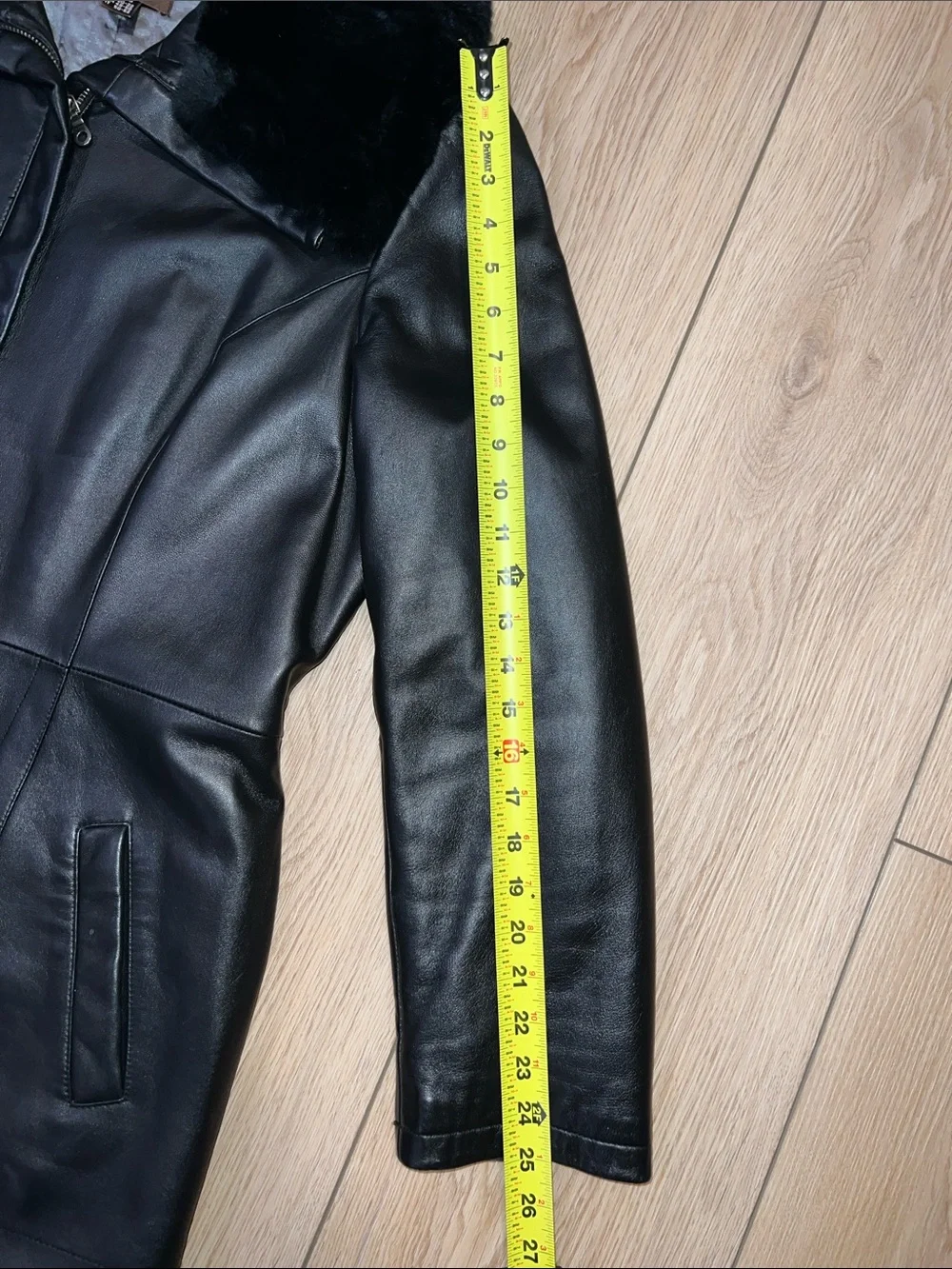 Danier Black Leather Coat with Plush Rabbit Fur Collar - Picture 15 of 15